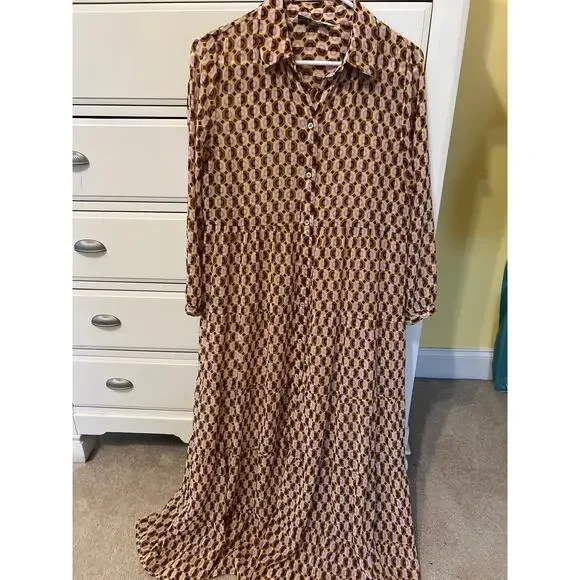 Zara Geometric Print Maxi Dress Sheer Long Sleeve Size Medium Indie Boho Twee - Picture 4 of 9